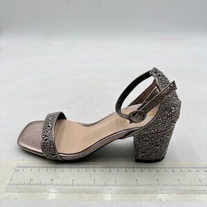 XYD Light Brown Open Toe Studded Rhinestone Low Block Heel Bejeweled Sandal